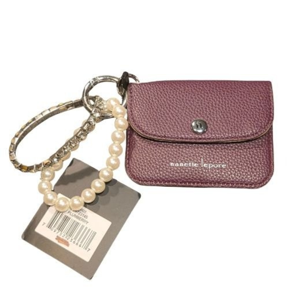 Nanette Lepore Plumberry Purple Faux Leather Card Case Keychain Pearl Rhinestone